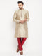 Vastramay Men's Beige Silk Blend Kurta and Maroon Pant Style Pyjama Set
